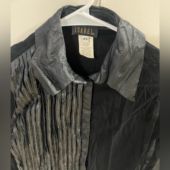 Vintage Isabel Sheer Leather Trim Button Up Collared Glam Y2K Blouse Women’s XS - Picture 2 of 10
